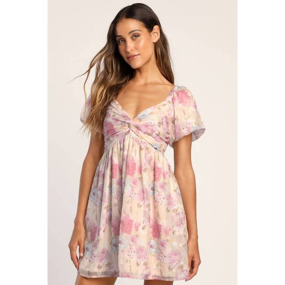 Lulus Fresh Florals Cream Floral Print Puff Sleeve Mini Dress White - Size XL